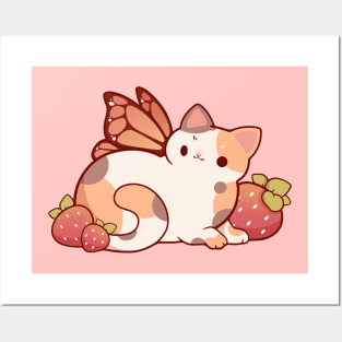 Fairy calico cat with strawberries Posters and Art